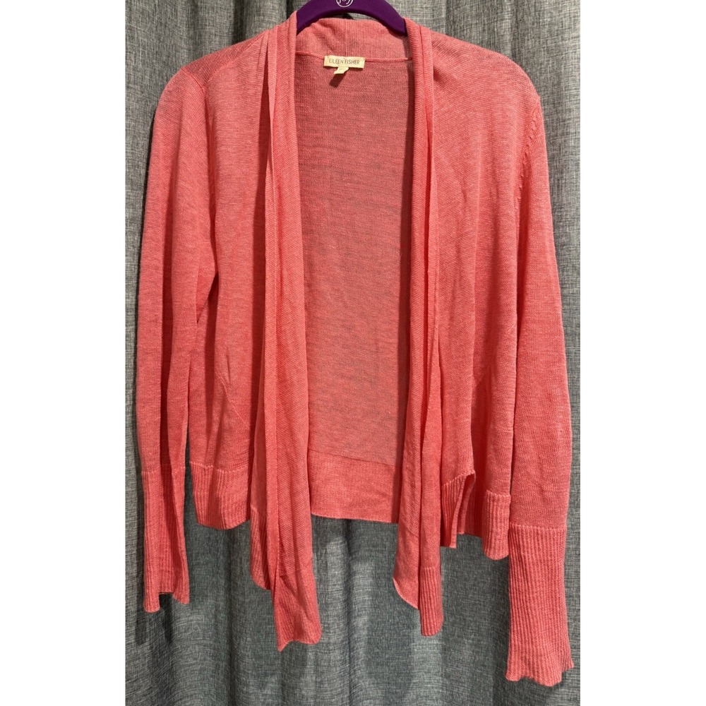 Eileen Fisher Coral Open Front Lightweight Cardigan Sweater Size S 100% Linen